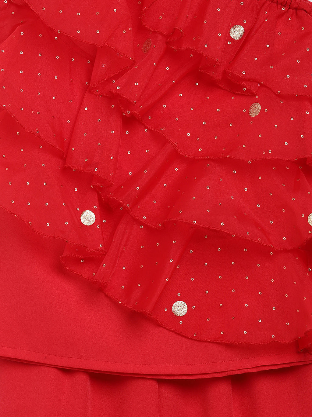 Ahalyaa Girls Red Embellished Ruffled Kurta with Trousers