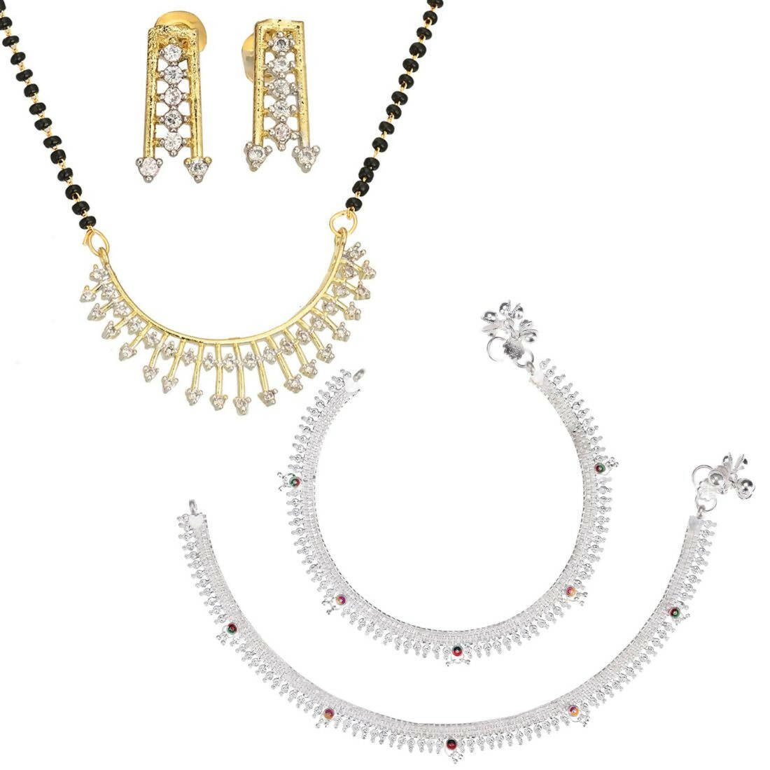 AanyaCentric Gold-Polished Mangalsutra Pendant Earring Set & Silver Plated Anklet