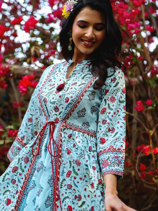 Juniper Floral Printed Mandarin Collar Cambric Cotton A-Line Kurta