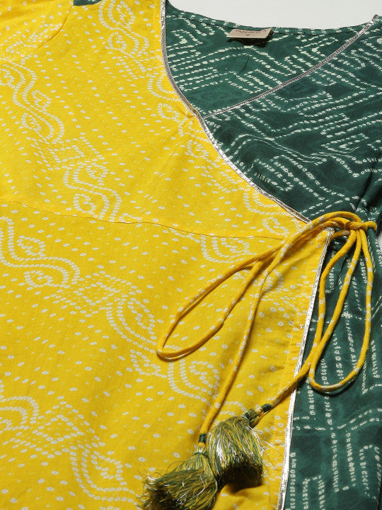 Anayna Women Yellow Bandhani Printed Angrakha Pure Cotton Kurta with Trousers & Dupatta