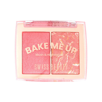 Swiss Beauty Bake Me Up Blush & Highlighter , 2-In-1 Baked Formula, Long-Lasting - Coral Glaze