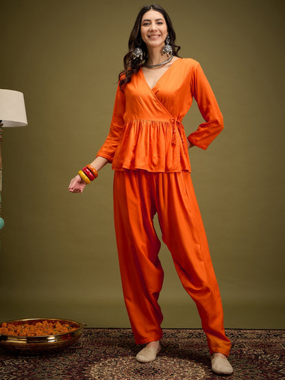 InWeave Orange Angrakha Dhoti Co Ord Set