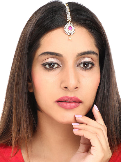 Yellow Chimes Women Gold-Polished American Diamond Pink & White Studded Handcrafted Maang Tikka