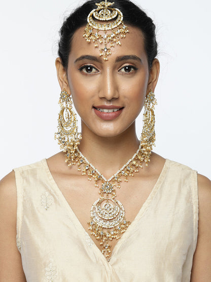 Zaveri Pearls Gold-Toned Kundan & Pearls Studded Rani Haar Jewellery Set