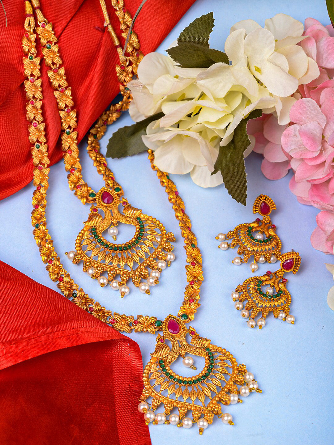 Saraf RS Jewellery Gold-Polished Red & Green Bridal Temple Jewellery Set