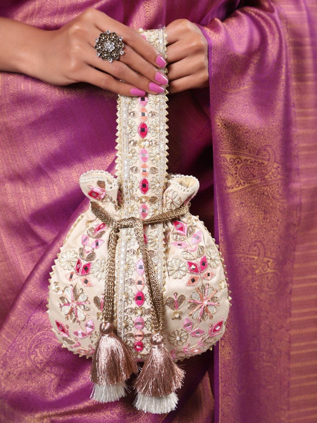 Masq Beige & Pink Embroidered Potli Clutch