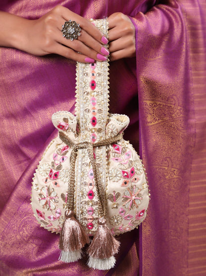 Masq Beige & Pink Embroidered Potli Clutch