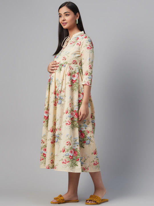 Anayna Women Beige & Pink Floral Print Maternity A-Line Dress