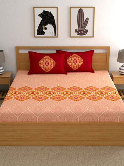 Dreamscape Pink Ethnic Motifs 144 TC Cotton Bedsheet with Pillow Covers