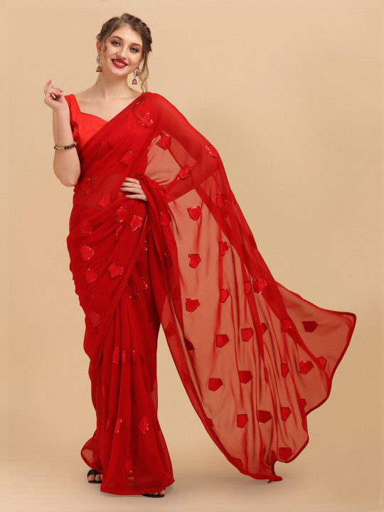 Sangria Red Sequinned Pure Georgette Saree