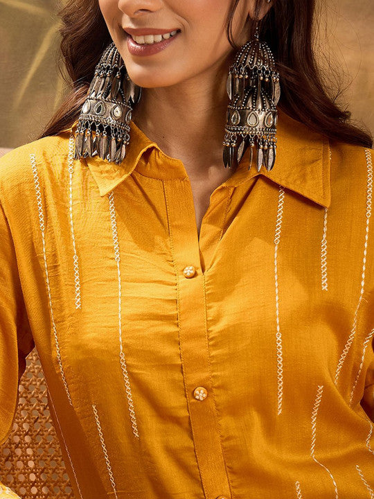Sangria Embroidered Shirt Collar Neck Tunic With Trouser Co-Ords