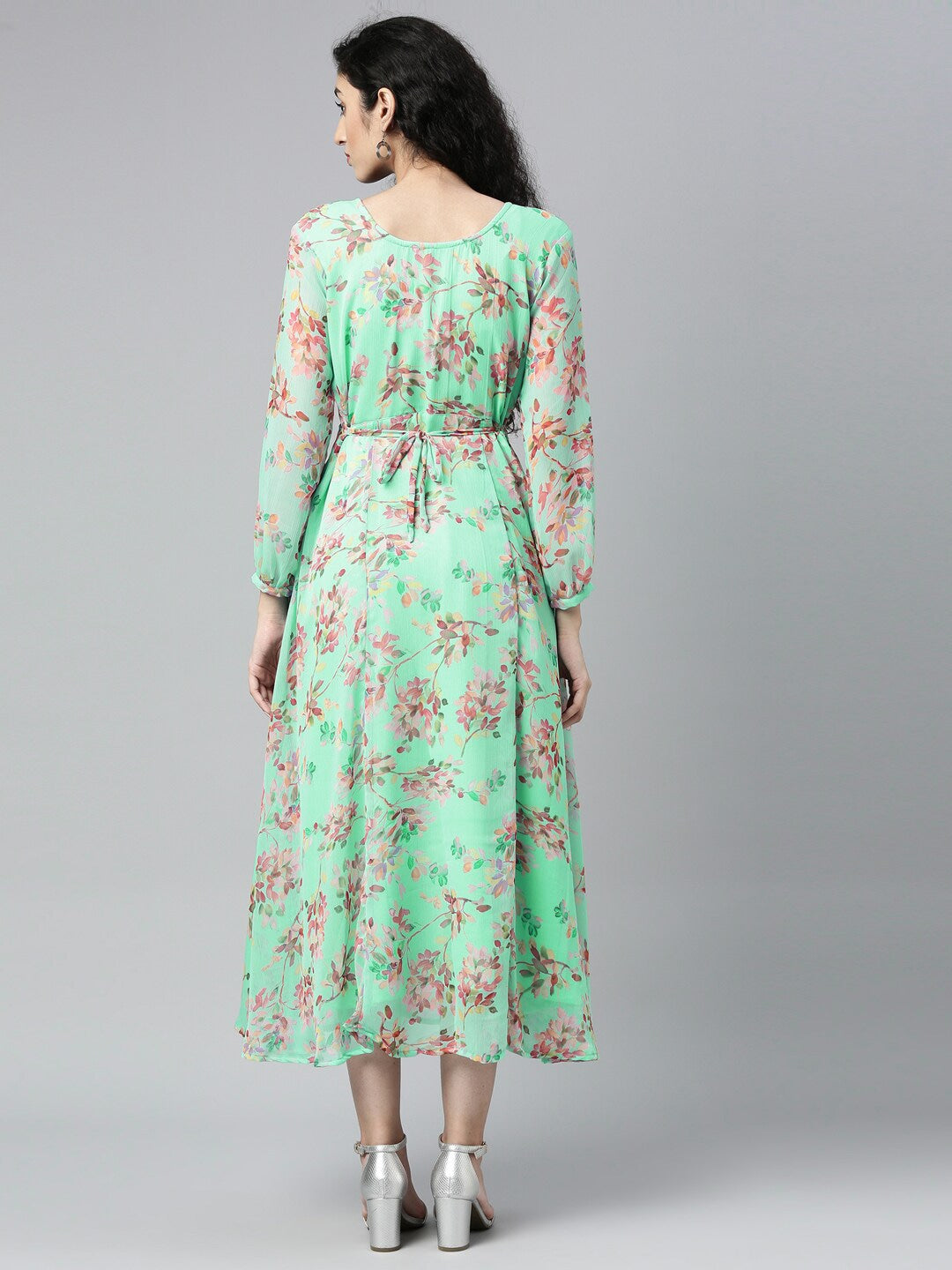 Souchii Sea Green Floral Chiffon Maxi Dress