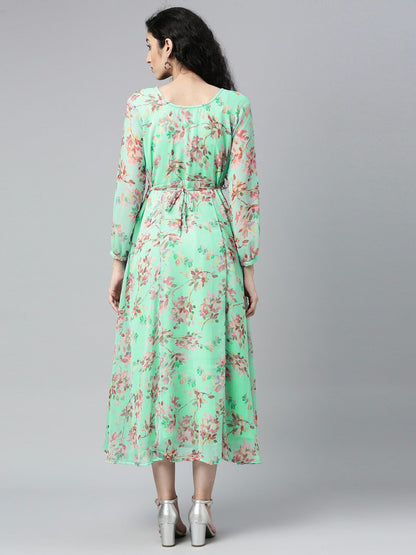 Souchii Sea Green Floral Chiffon Maxi Dress