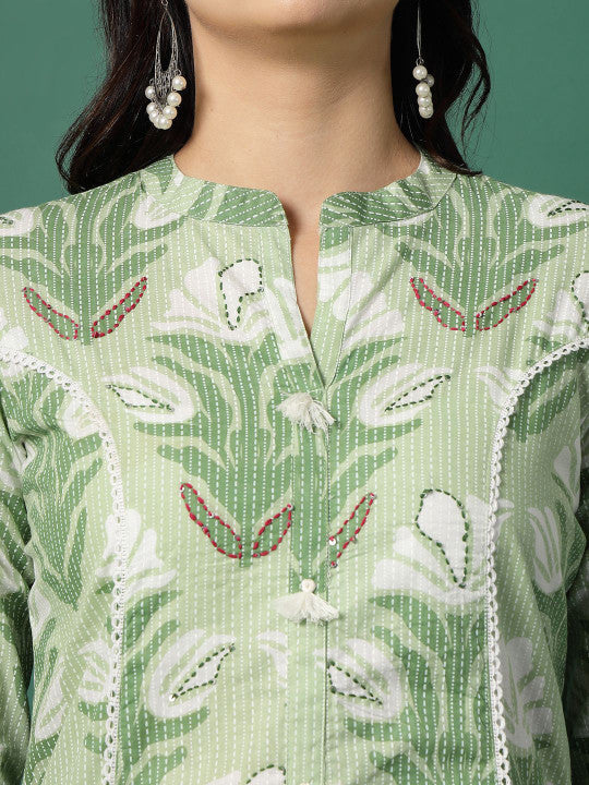 Sangria Floral Printed Pure Cotton Mandarin Collar Thread Work A-Line Kurta