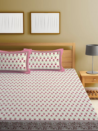Rajasthan Decor White & Pink Ethnic Motifs 144 TC King Bedsheet with 2 Pillow Covers