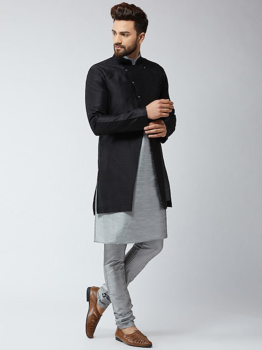 Sojanya Men Grey & Black Self-Design Sherwani Set