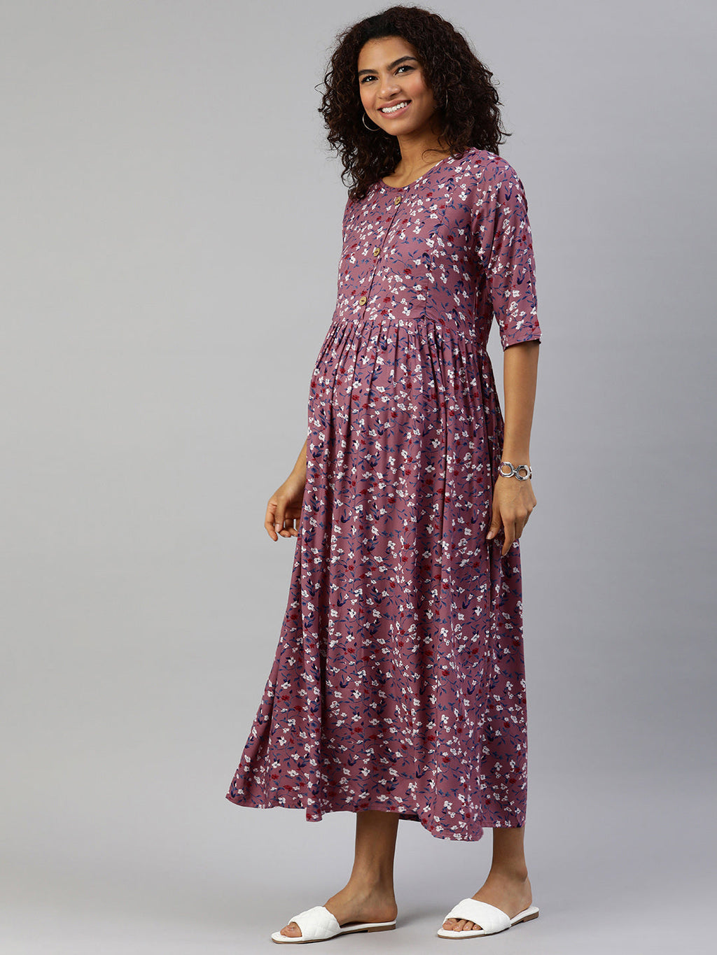 MomToBe Mauve Floral Printed Maternity Nursing Maxi Dress
