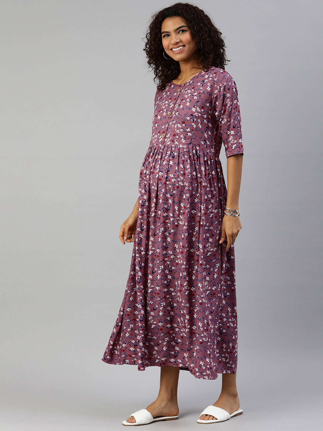 MomToBe Mauve Floral Printed Maternity Nursing Maxi Dress