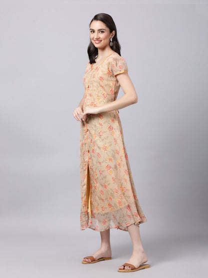 Souchii Women Grey Floral Printed Chiffon A-Line Dress