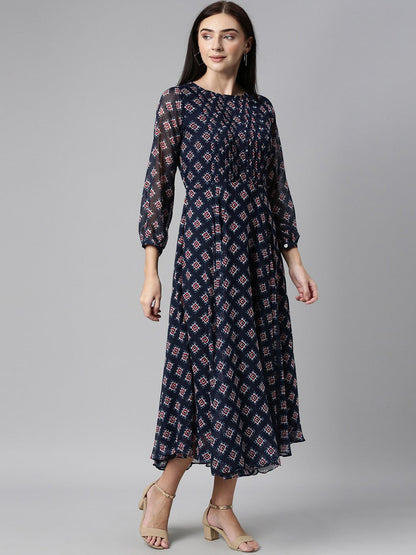 Souchii Blue & Red Ethnic Motifs Printed Chiffon Fit & Flare Midi Dress