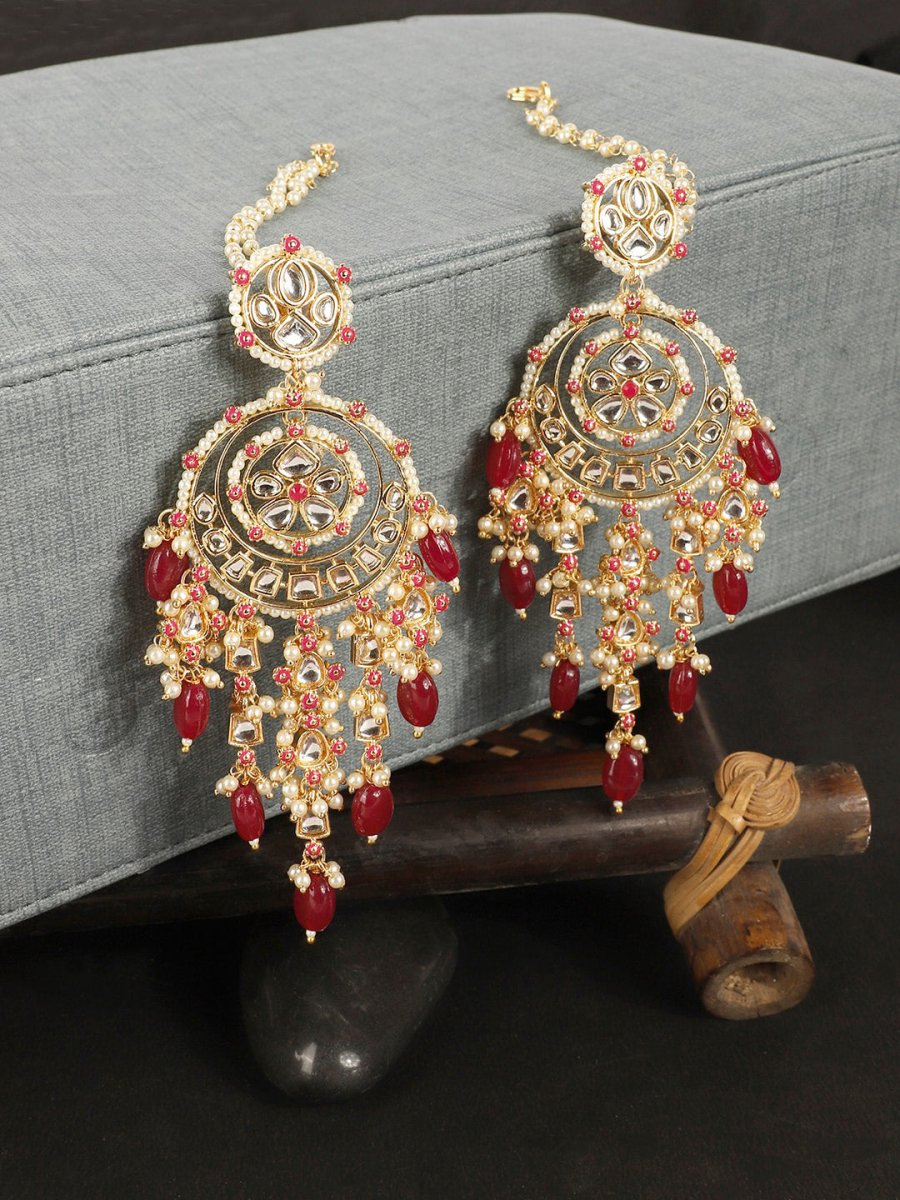 Anikas Creation Red & Gold-Polished Kundan Contemporary Chandbalis With Ear Chain Earrings
