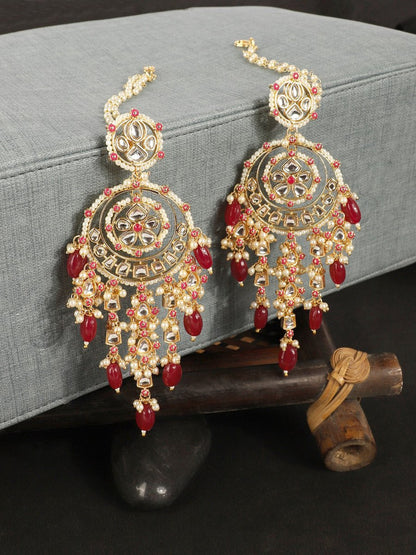 Anikas Creation Red & Gold-Polished Kundan Contemporary Chandbalis With Ear Chain Earrings