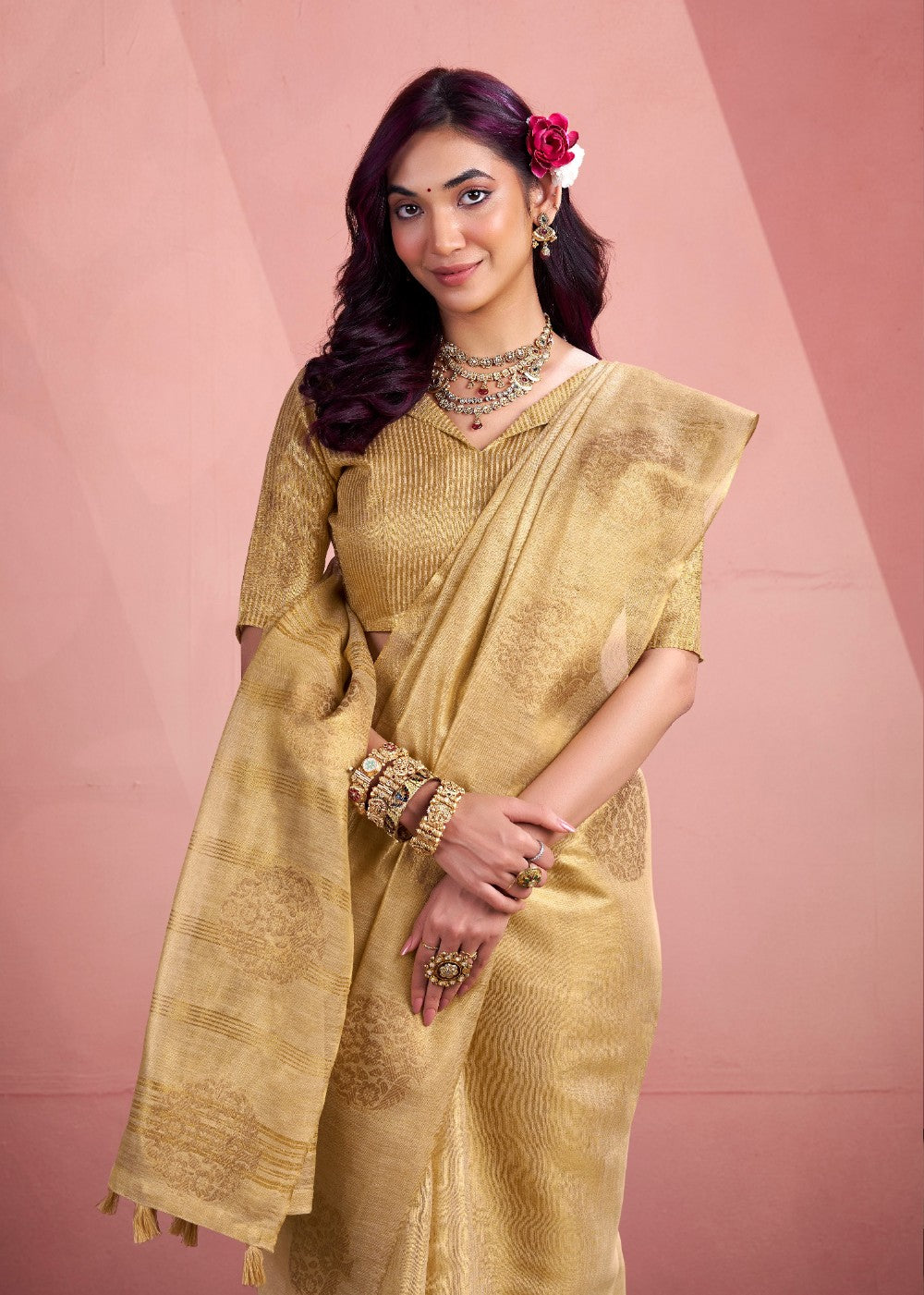 Anaita Beige Silk Tissue Zari Weaving Work Saree With Blouse Piece