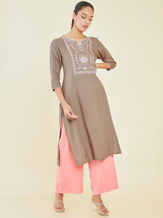 Soch Beige & Pink Notched Neck Floral Embroidered Straight Kurta
