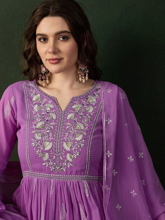 Sangria Lavender Printed Notch Neck Georgette A-Line Kurta With Trouser & Dupatta Set