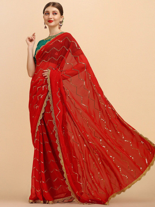 Sangria Stripped Embellished Sequinned Saree With Embroidered Blouse