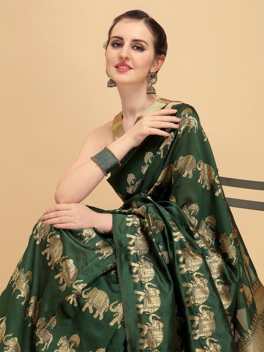 Sangria Green & Golden Ethnic Motifs Zari Silk Blend Heavy Work Banarasi Saree