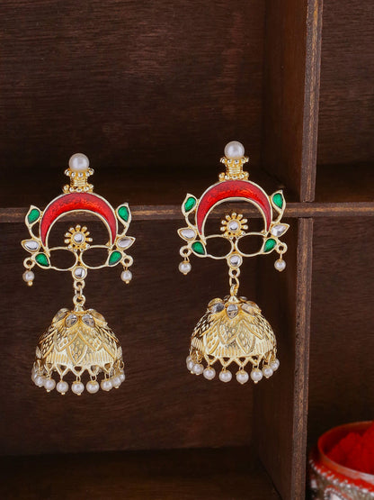 Shoshaa Gold-Polished & Red Enamelled Classic Jhumkas