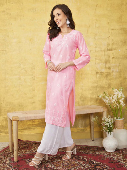 ADA Women Pink & White Chikankari Embroidered Straight Sustainable Handloom Kurta
