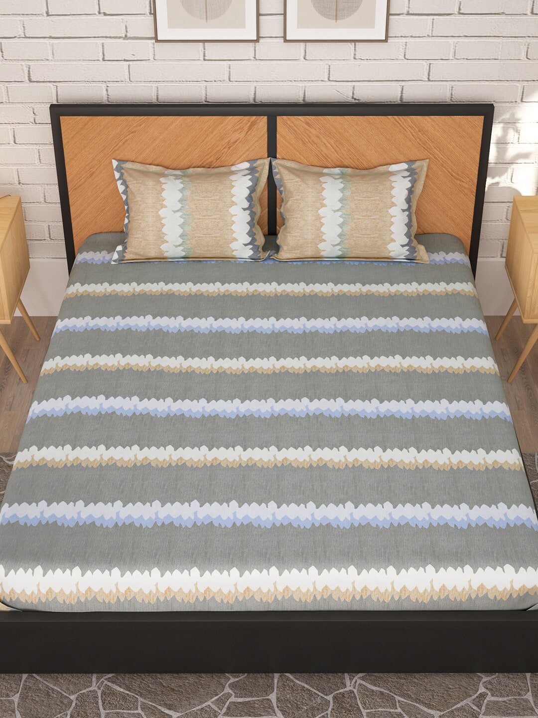 Story@home Grey & Peach-Coloured Striped 180 TC Queen Bedsheet With 2 Pillow Covers