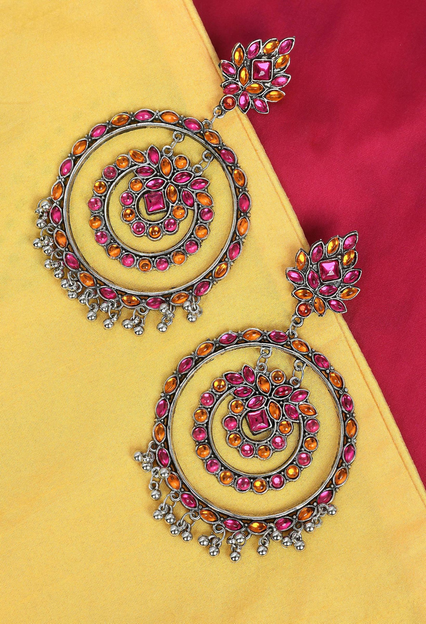 Mominos Fashion Johar Kamal Women's Pink & Orange Kundan Circles Earrings