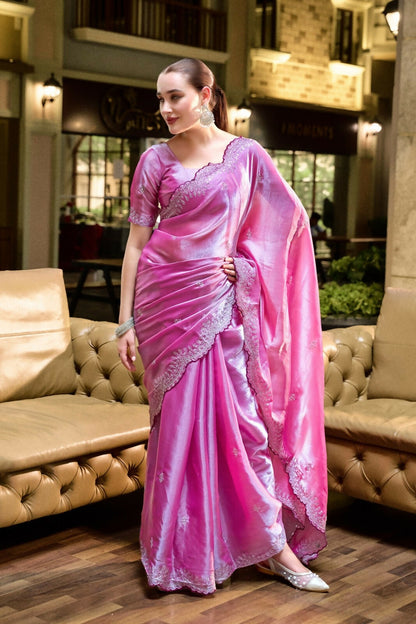 Vastranavya Baby Pink Embroidery Work Shimmer Chiffon Saree with Unstitched Blouse