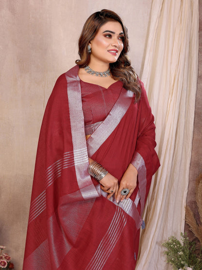 Anaita Red Weaving Linen Cotton Saree With Blouse