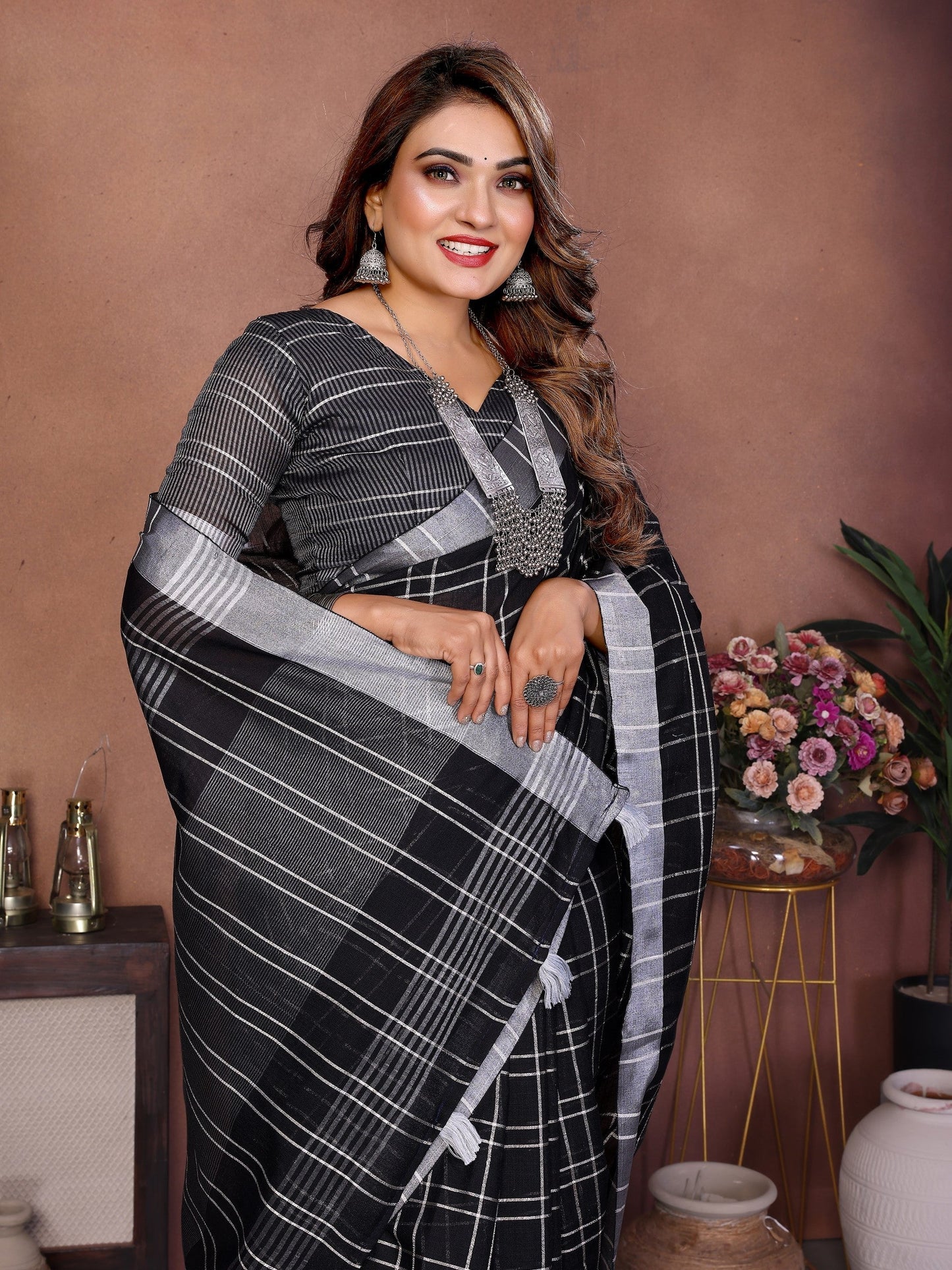 Anaita Black Weaving Linen Cotton Saree With Blouse