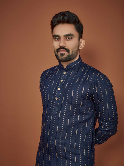 Anaita Navy Blue Embroidered Cotton Straight Kurta