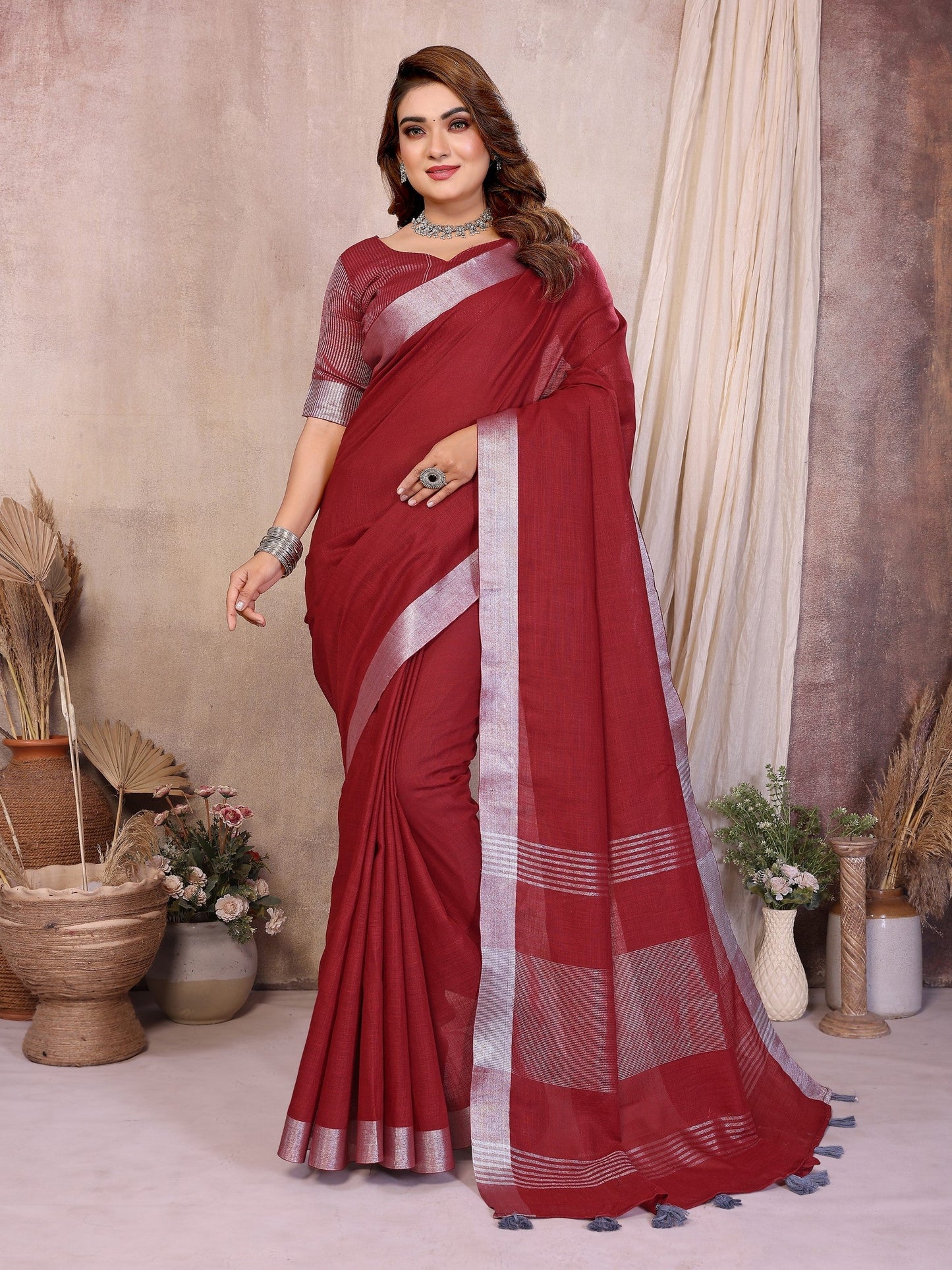 Anaita Red Weaving Linen Cotton Saree With Blouse