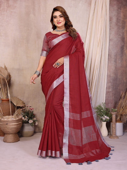 Anaita Red Weaving Linen Cotton Saree With Blouse
