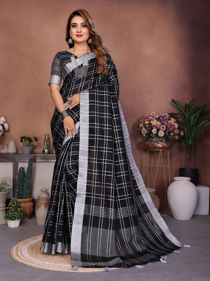 Anaita Black Weaving Linen Cotton Saree With Blouse