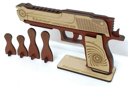 Kraftsman Semi-Automatic Wooden Rubber Band Shooting Gun Toys for Kids & Adults with Target | 5 Rapid Fire Shots