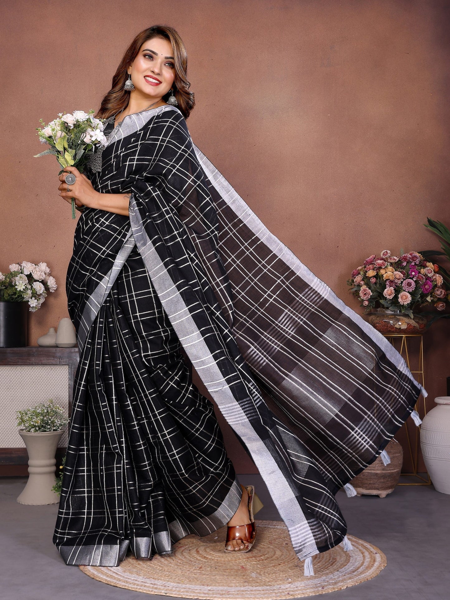 Anaita Black Weaving Linen Cotton Saree With Blouse