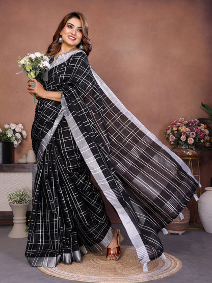 Anaita Black Weaving Linen Cotton Saree With Blouse