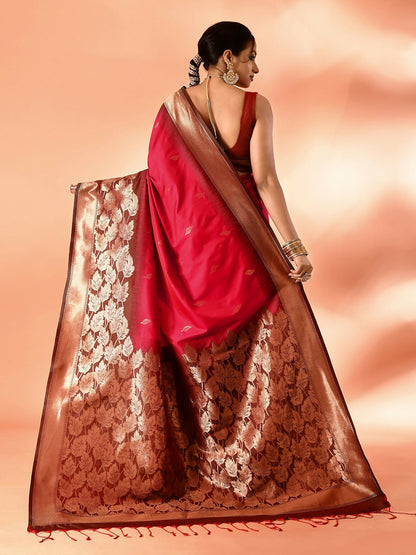 Joban Fashion Rani Pink & Bottle Green Plain With Weaving Border Banarasi Silk Sarees