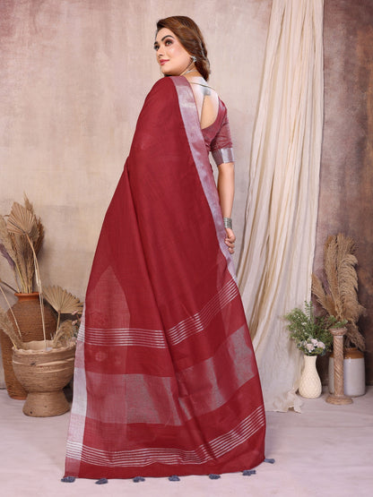 Anaita Red Weaving Linen Cotton Saree With Blouse