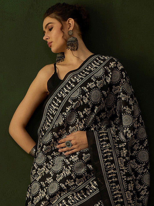 Sangria Warli Printed Dabu Saree With Blouse Piece