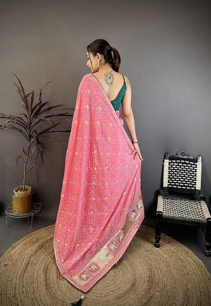 Elora Pink Vichitra Silk Animal Motifs Foil Print Sequence & Zari Embroidery Work Bandhani Saree