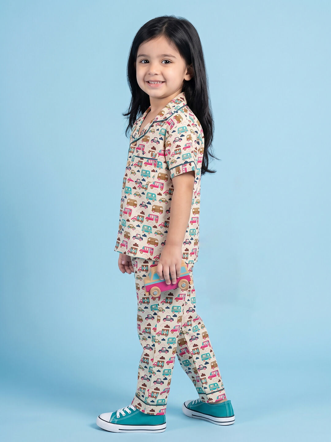 Breathables Woven Cotton Half Sleeves Bus Cars Shirt & Pyjama White
